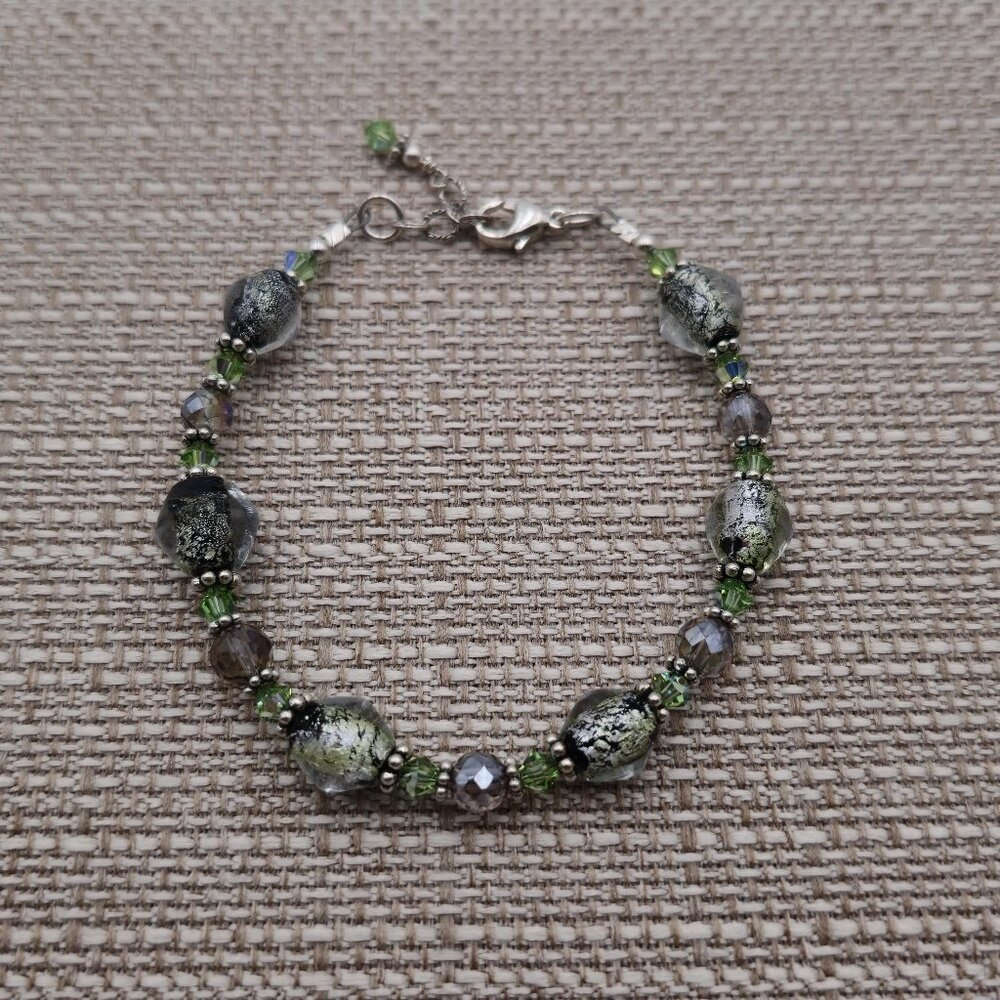 8 Inch Sterling Silver Handmade Glass And Crystal Bracelet B358